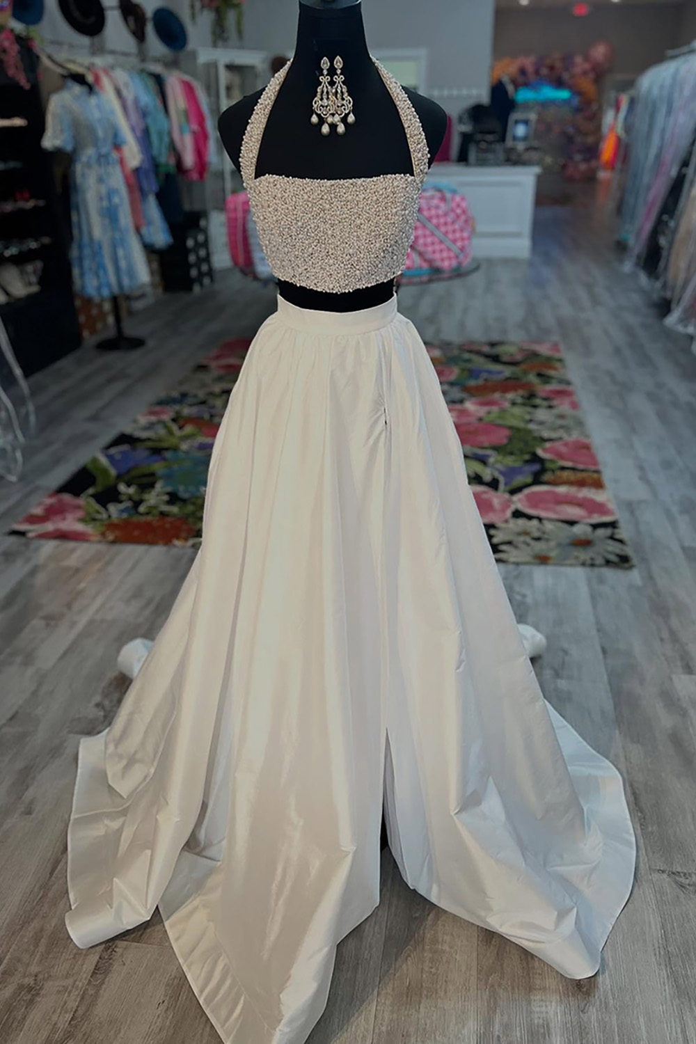 Sparkly White 2 Piece Halter Long Prom Dress with Rhinestones