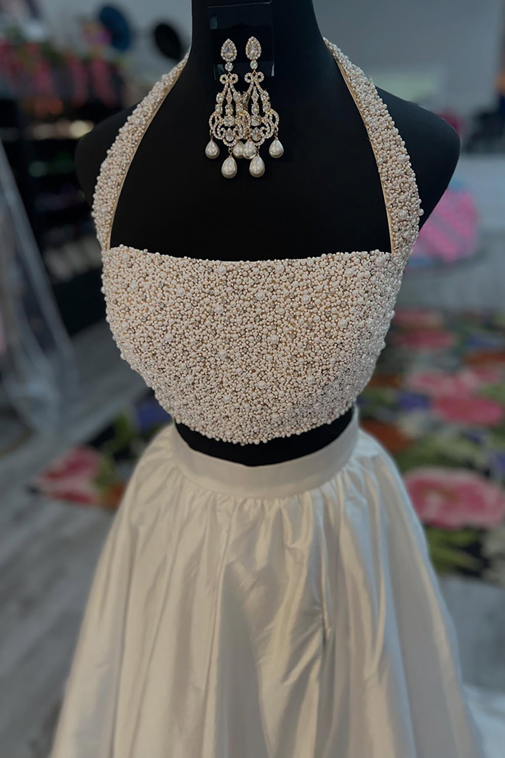 Sparkly White 2 Piece Halter Long Prom Dress with Rhinestones