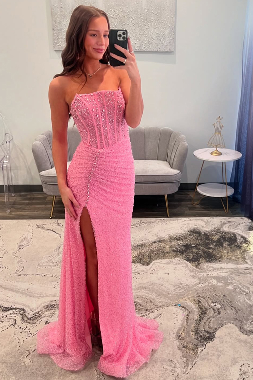 Sparkly Pink Strapless Mermaid Sequin Beaded Long Corset Prom Dress with Slit
