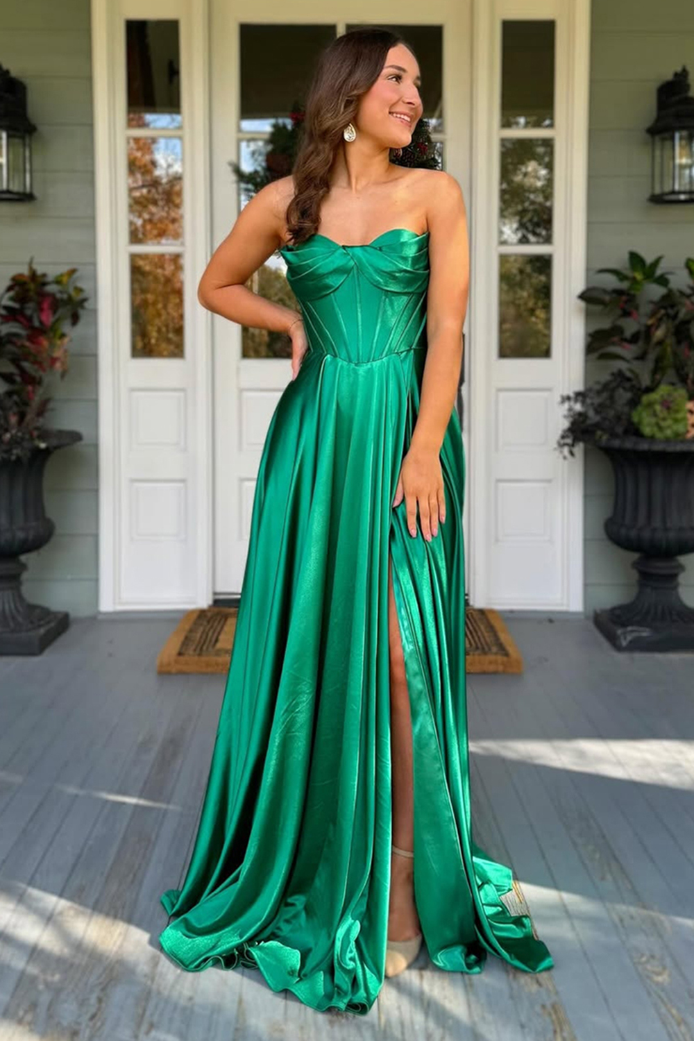 Dark Green Sweetheart A-Line Satin Ruched Long Corset Prom Dress with Slit