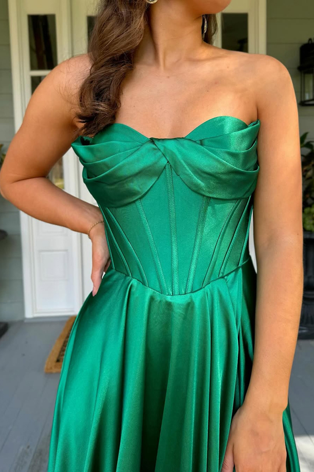 Dark Green Sweetheart A-Line Satin Ruched Long Corset Prom Dress with Slit