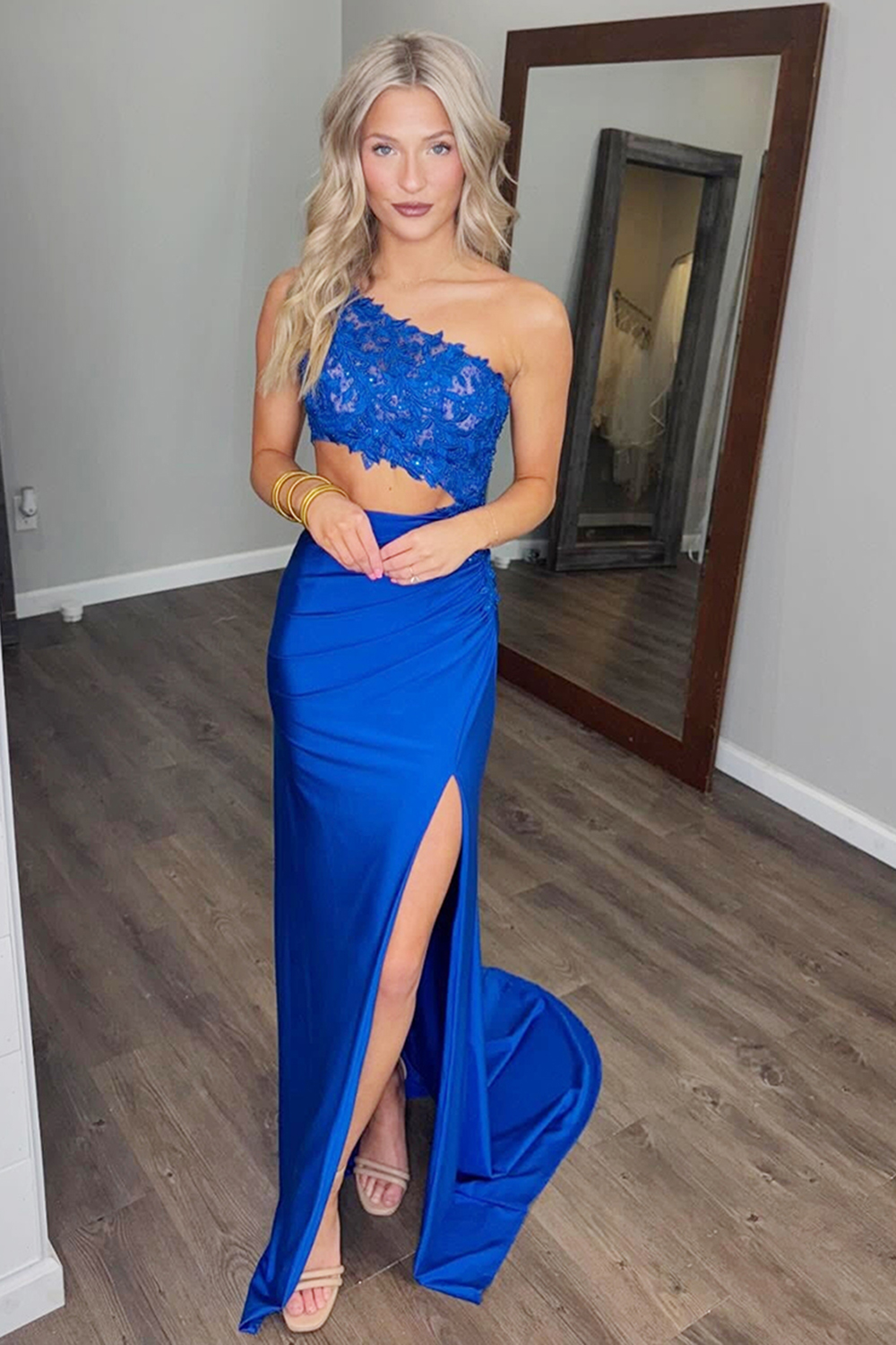Royal Blue One Shoulder Mermaid Applique Cut Out Satin Long Prom Dress with Slit