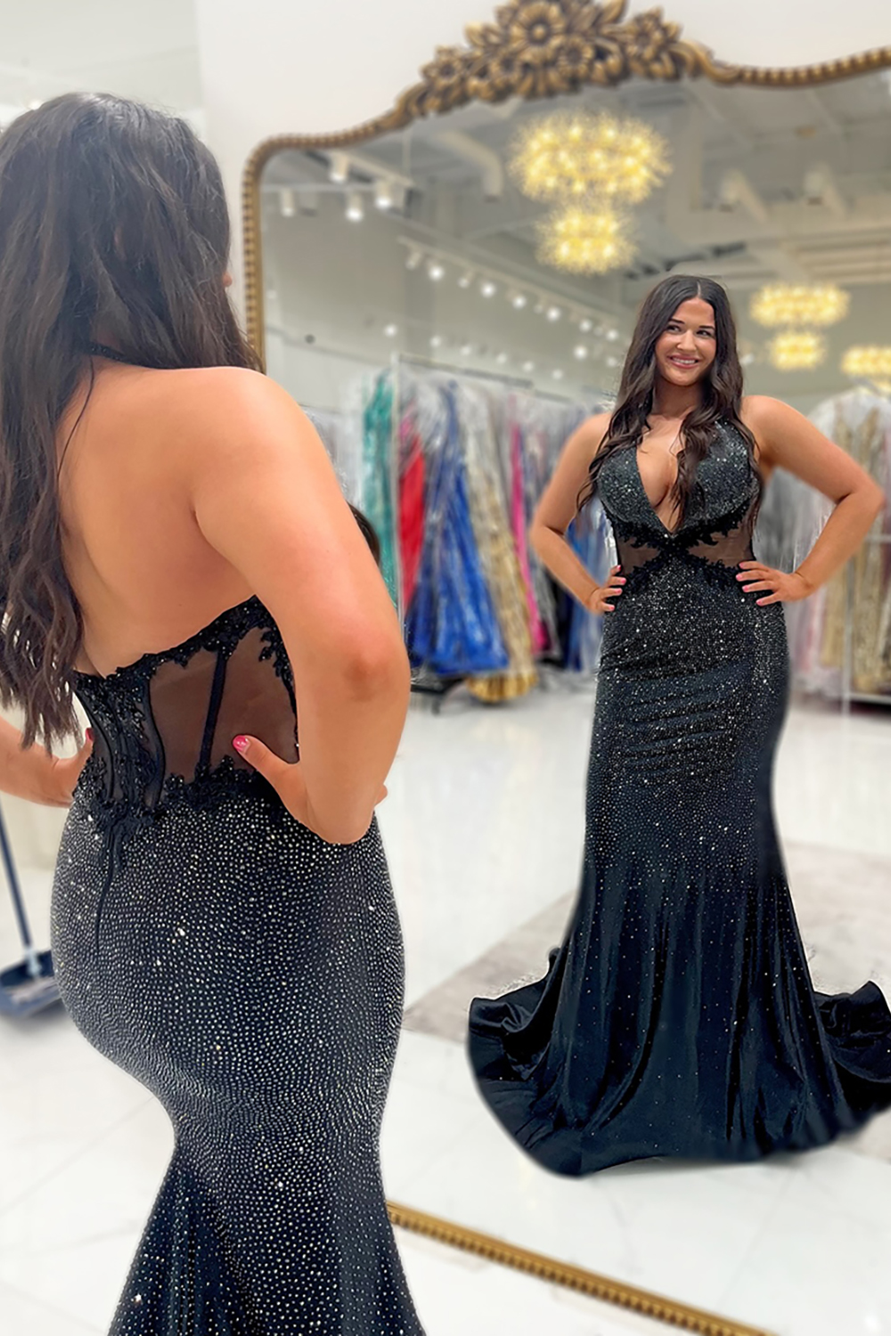 Sparkly Black Halter Backless Long Beaded Prom Dress with Appliques