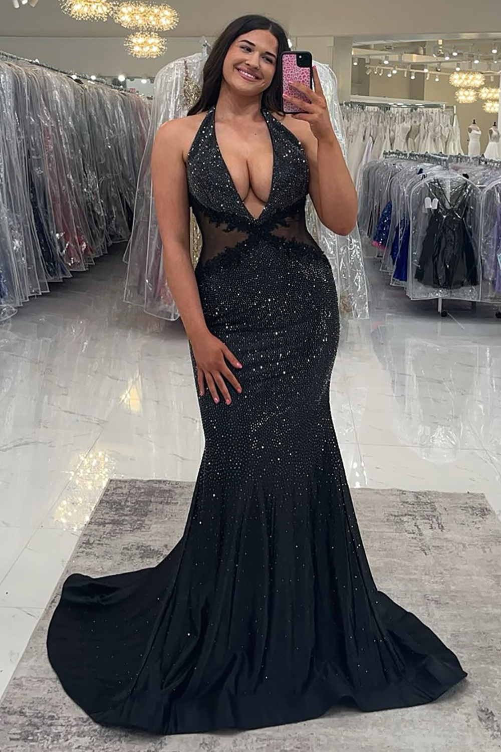 Sparkly Black Halter Backless Long Beaded Prom Dress with Appliques