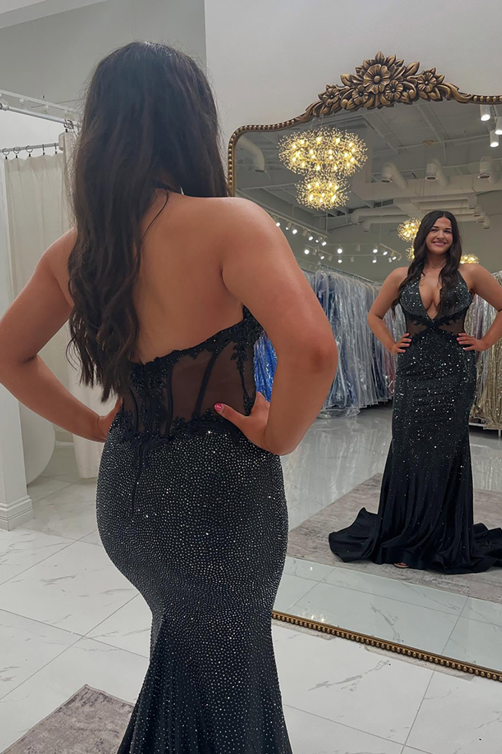 Sparkly Black Halter Backless Long Beaded Prom Dress with Appliques