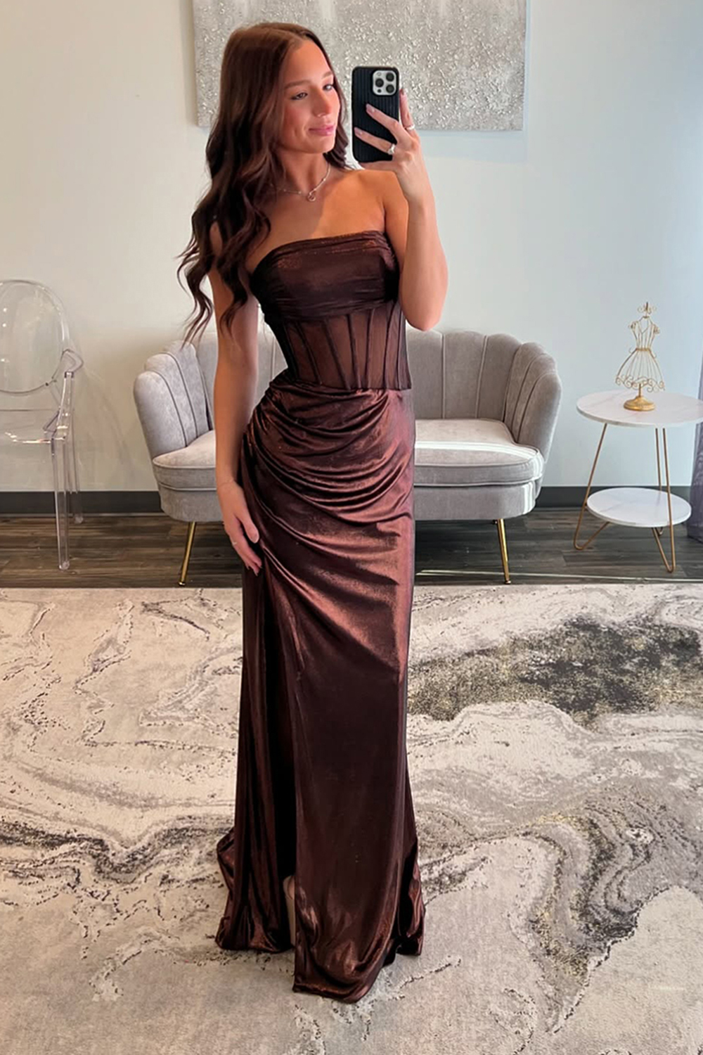 Glitter Brown Metallic Strapless Corset Long Prom Dress with Slit