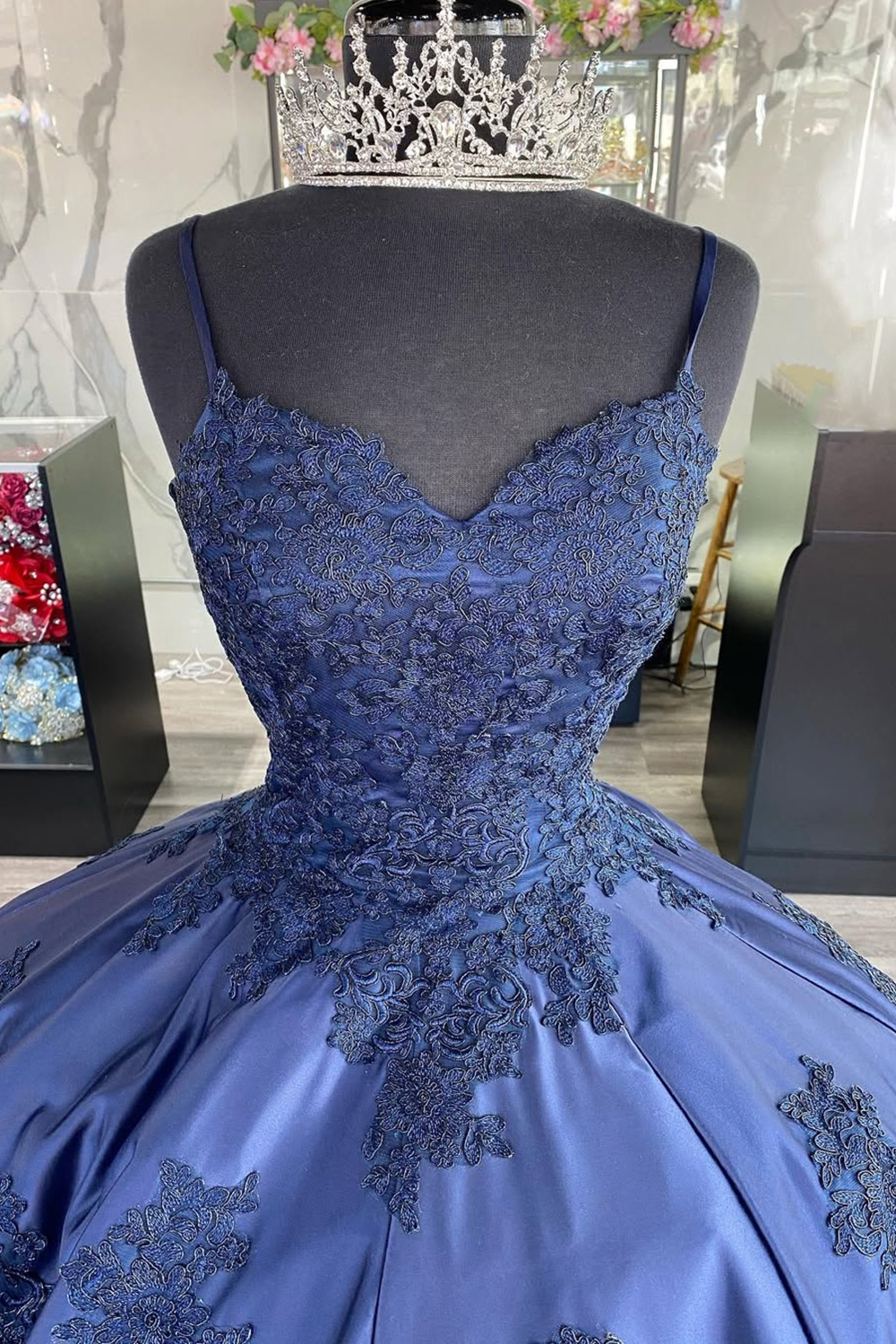 Princess Dark Blue Ball Gown Spaghetti Straps Quinceanera Dress with Appliques