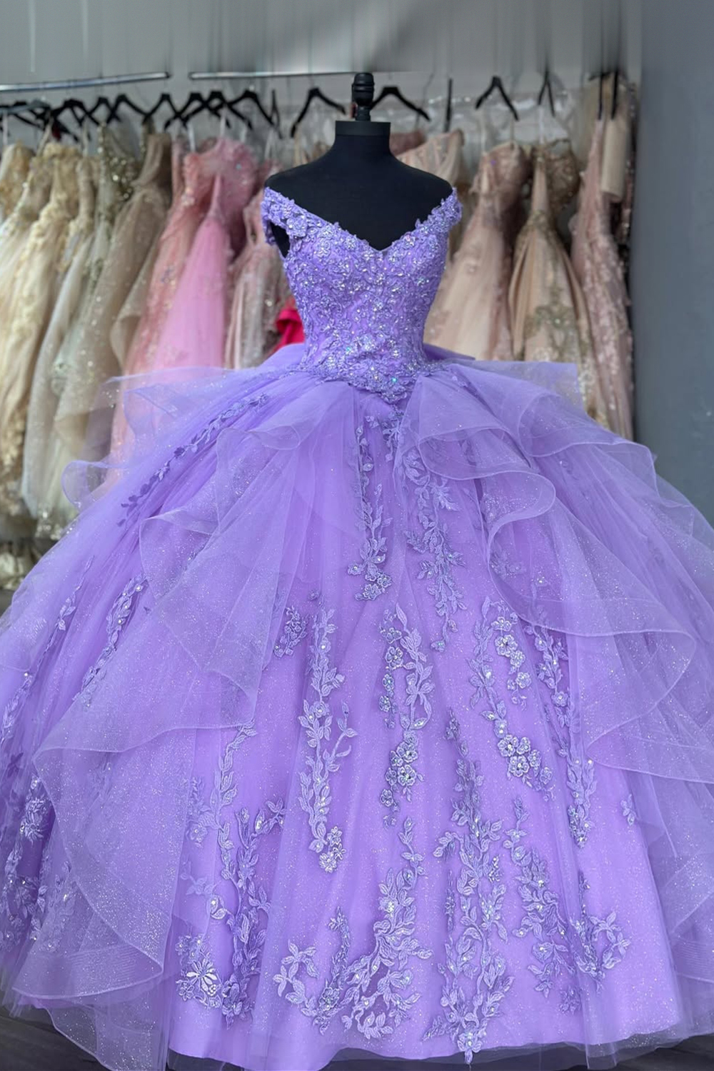 Sparkly Purple Ball Gown Off the Shoulder Appliques Ruffles Tulle Quinceanera Dress with Bow