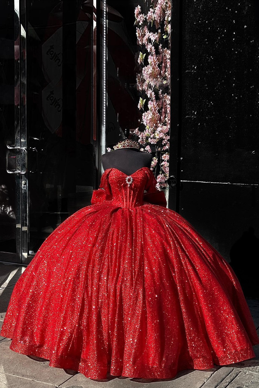 Sparkly Red Ball Gown Off the Shoulder Sequined Tulle Quinceanera Dress with Bow