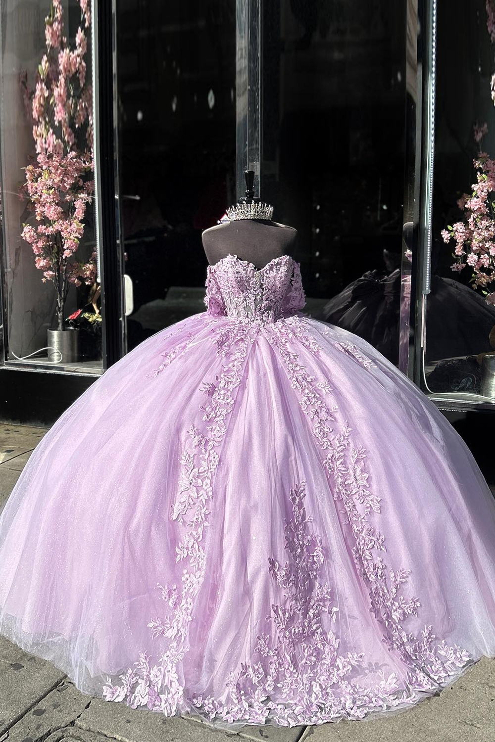 Princess Pink Ball Gown Off the Shoulder Appliques Tulle Quinceanera Dress with Bow