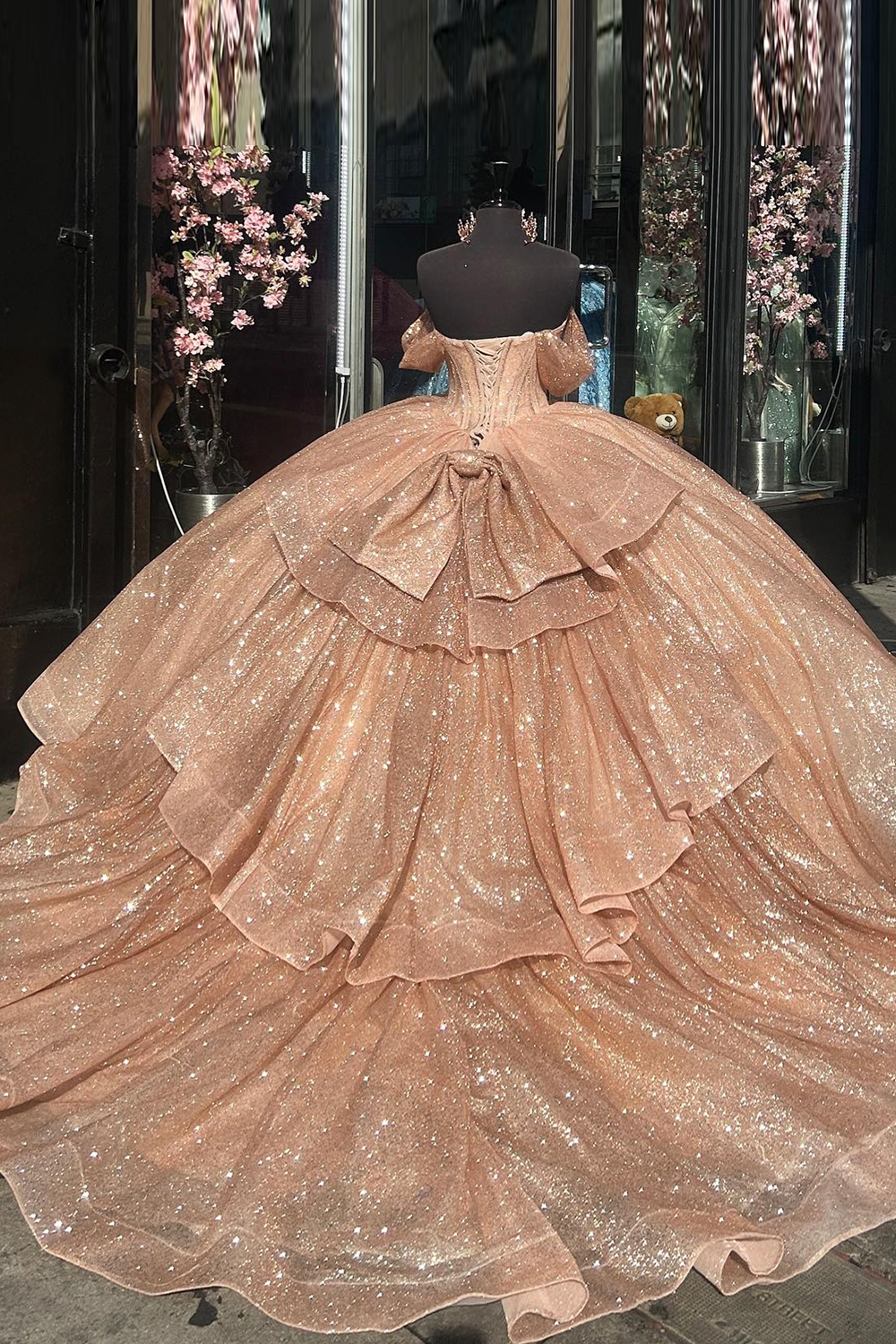 Sparkly Champagne Off the Shoulder Ruffles Tulle Quinceanera Dress with Bow