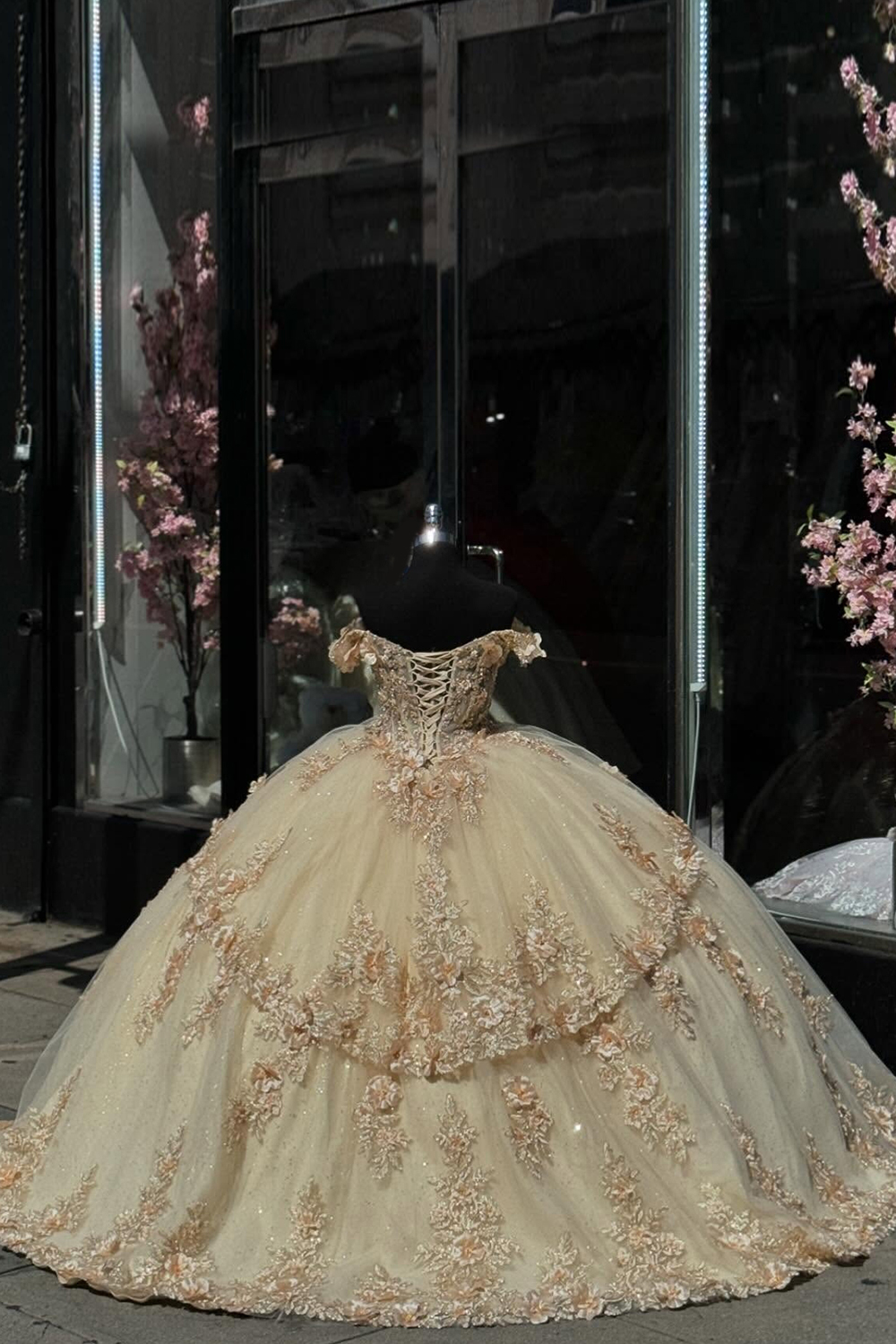 Sparkly Golden Ball Gown Off the Shoulder Ruffle Tulle Quinceanera Dress with Sequined Appliques