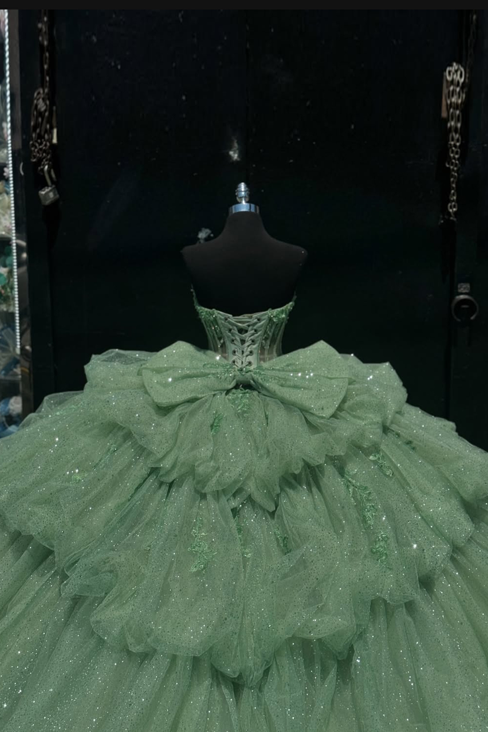 Princess Green Ball Gown Strapless Ruffles Tulle Quinceanera Dress with Appliques