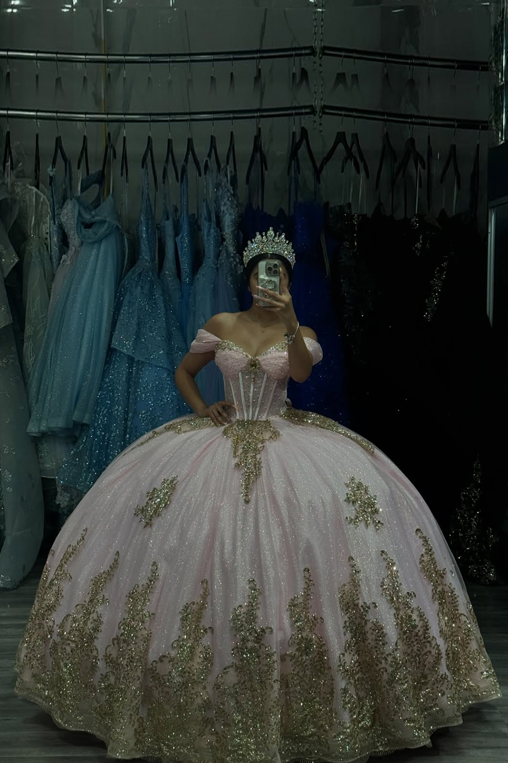 Glitter Pink Tulle Off the Shoulder Ball Gown Quinceanera Dress with Golden Appliques
