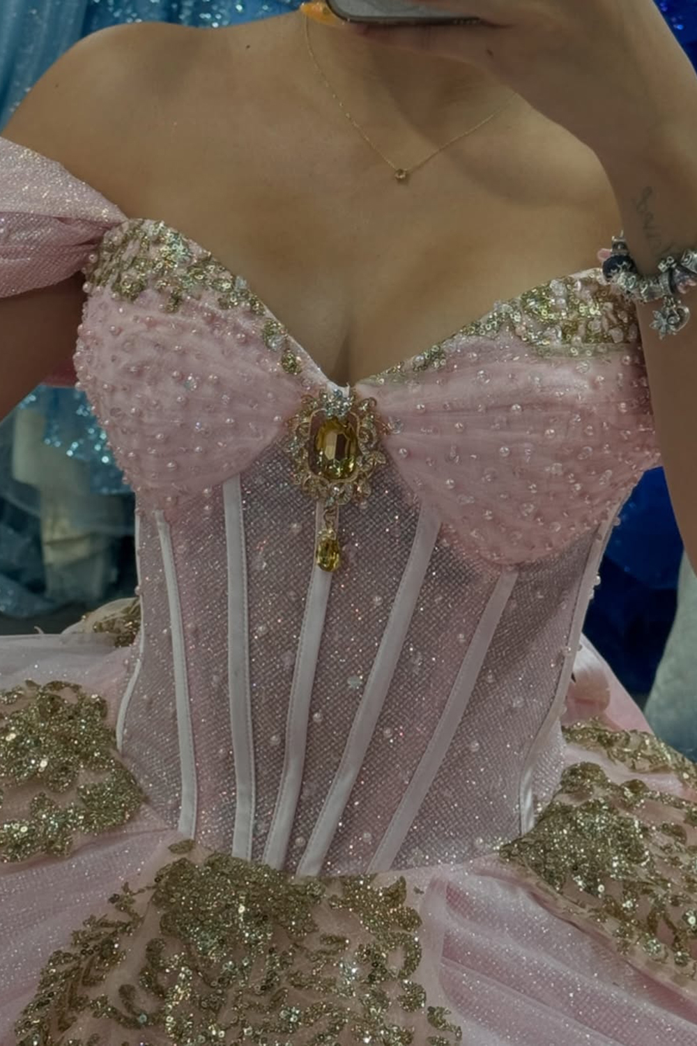 Glitter Pink Tulle Off the Shoulder Ball Gown Quinceanera Dress with Golden Appliques