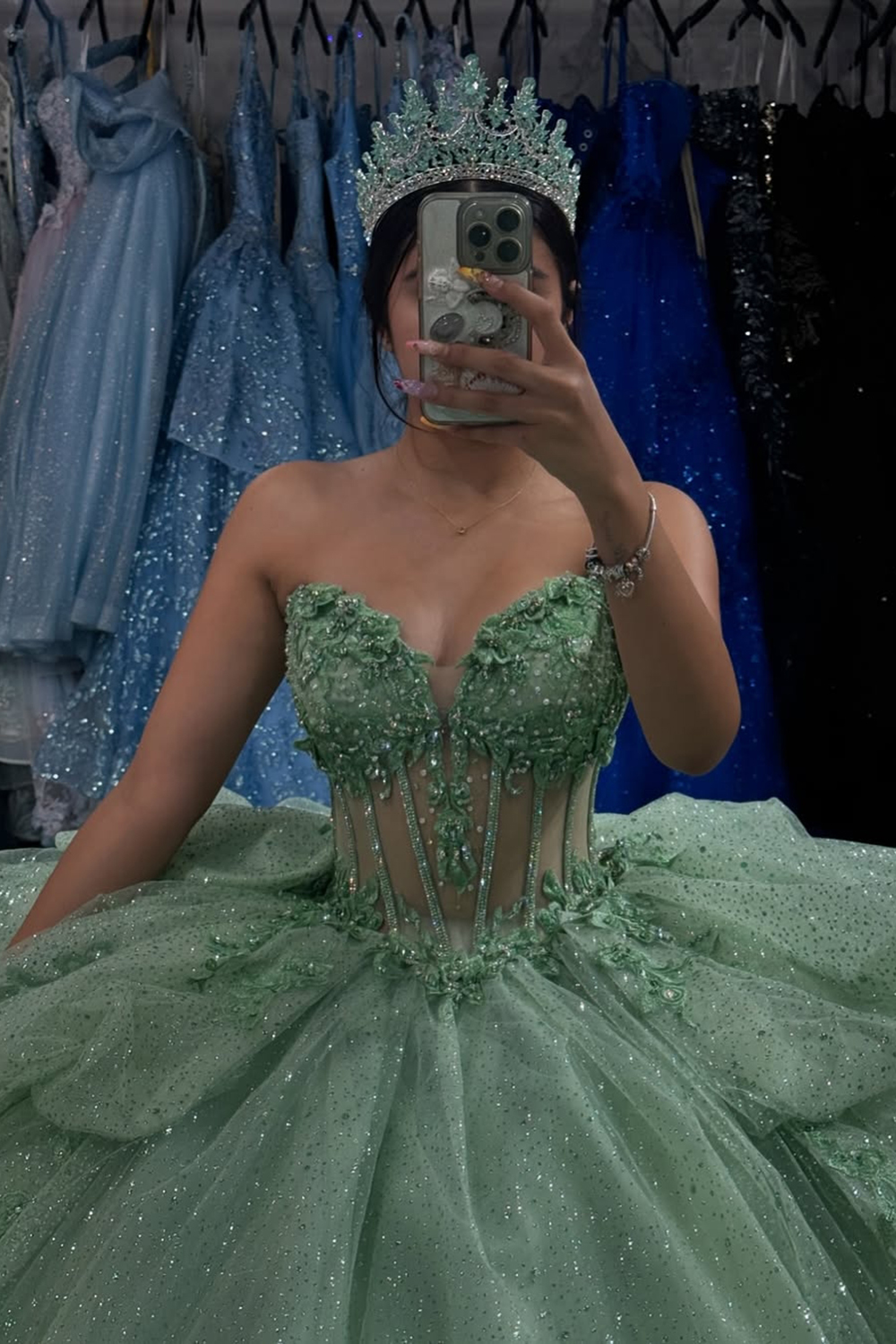 Glitter Green Tulle Sweetheart Ball Gown Quinceanera Dress with Appliques