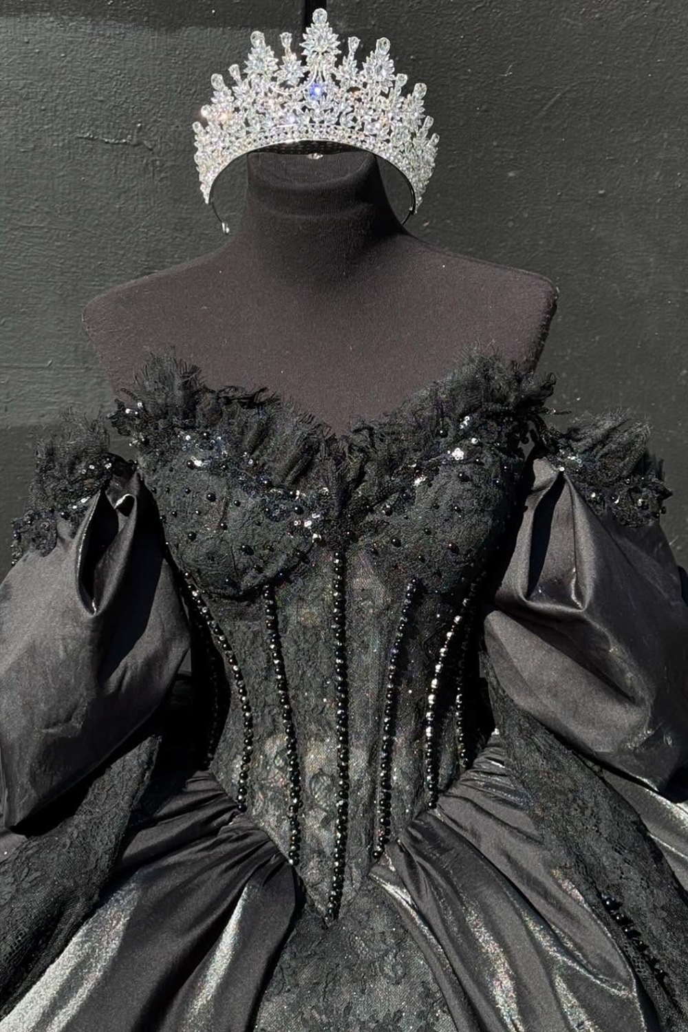 Black Satin Sweetheart Beaded Ball Gown Quinceanera Dress