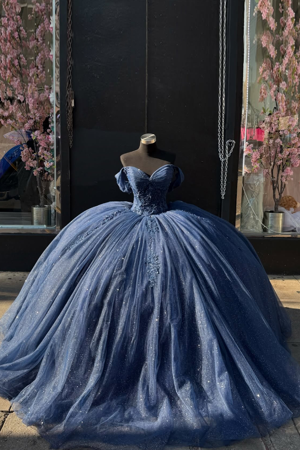 Navy Off the Shoulder Tulle Applique Princess Quinceanera Dress