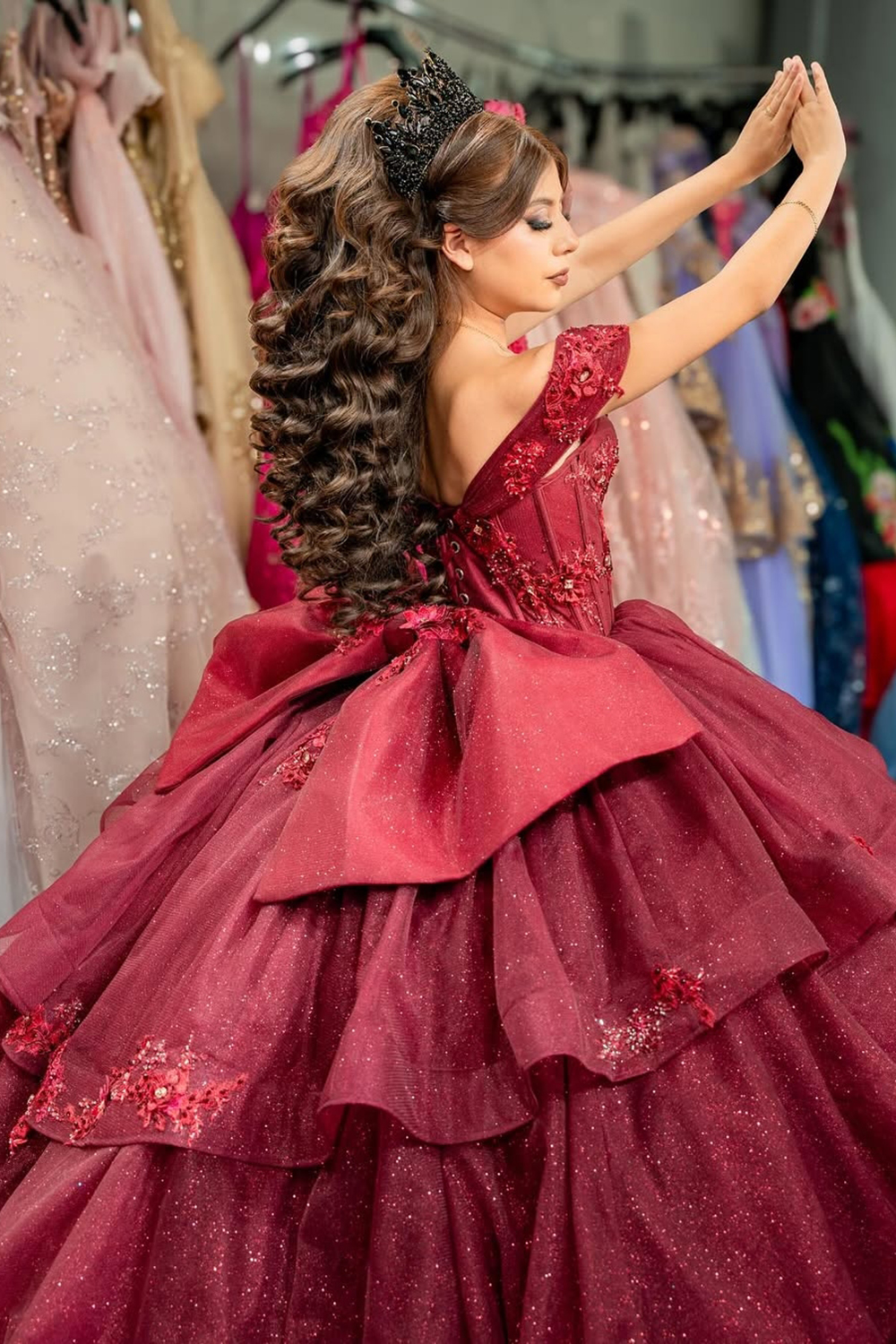 Burgundy Tulle Off the Shoulder Applique Ruffled Ball Gown Quinceanera Dress