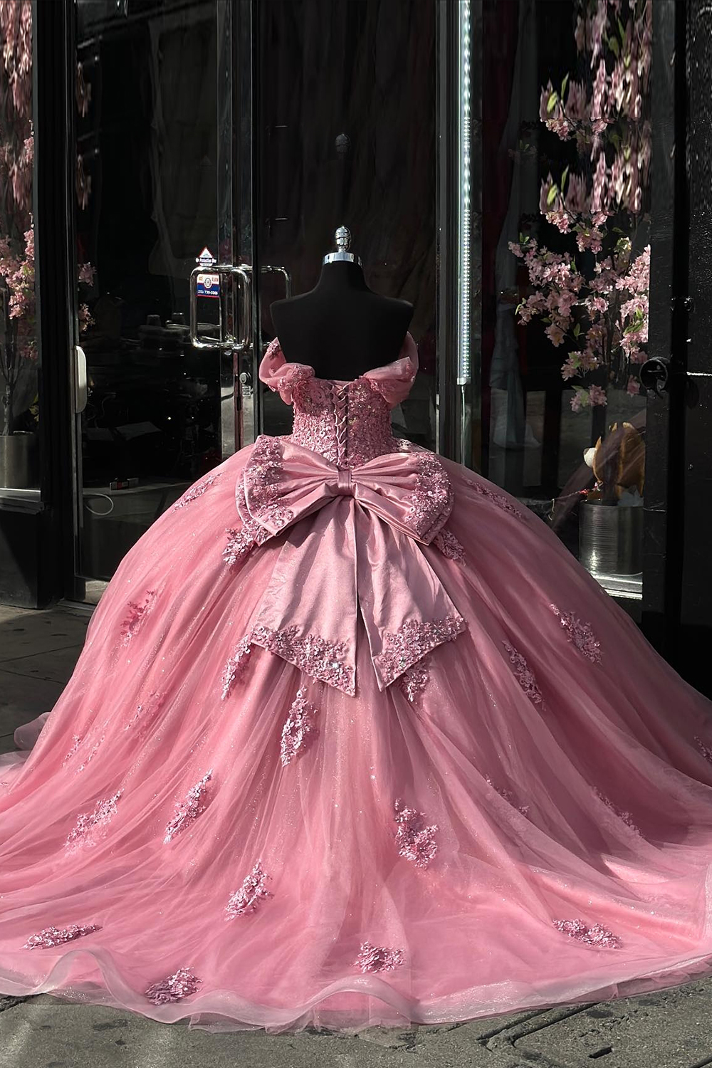 Hot Pink Tulle Off the Shoulder Applique Ball Gown Quinceanera Dress