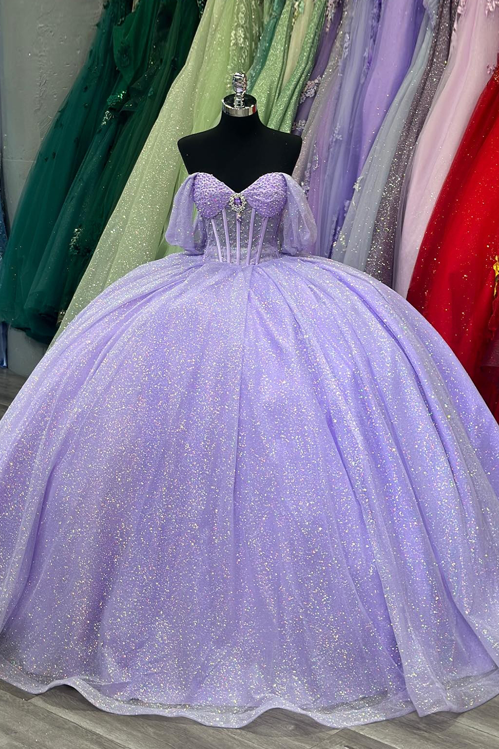 Sparkly Lilac Tulle Off the Shoulder Ball Gown Quinceanera Dress with Appliques