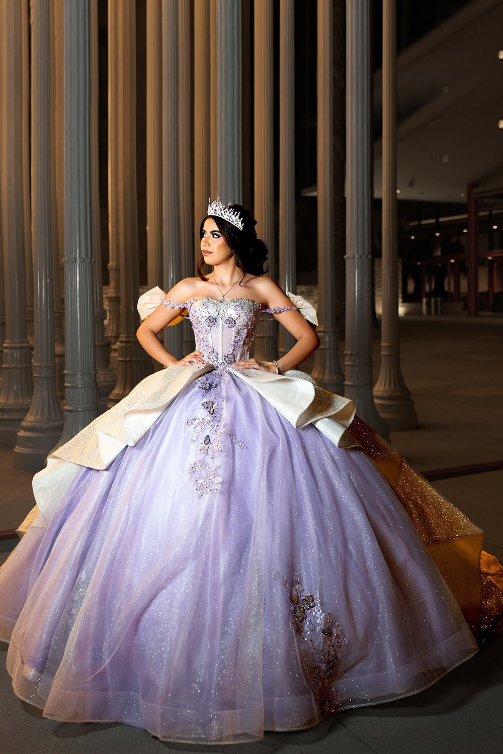 Glitter Lilac Tulle Off the Shoulder Ball Gown Applique Quinceanera Dress