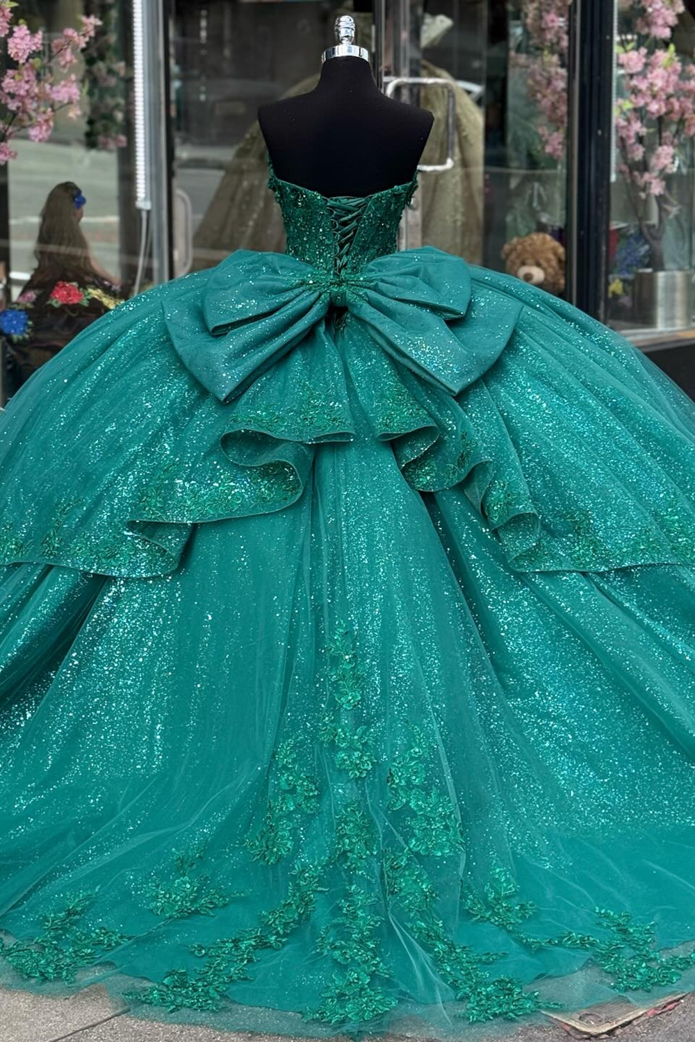 Sparkly Dark Green Tulle Sweetheart Ball Gown Applique Quinceanera Dress with Bow