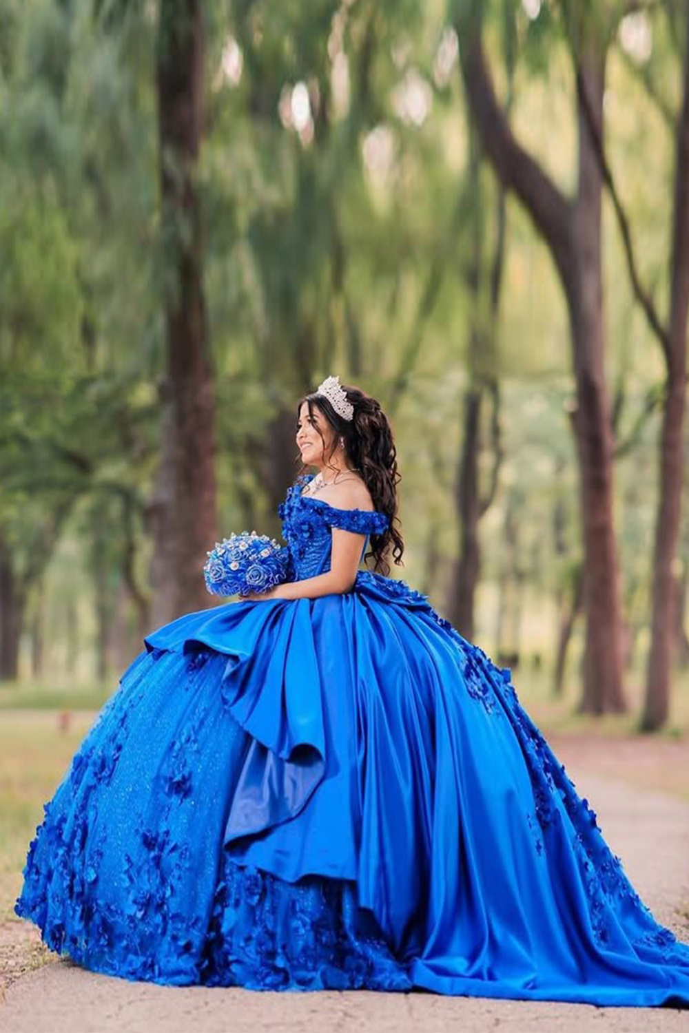 Sparkly Royal Blue Ball Gown Off the Shoulder 3D Flowers Tulle Quinceanera Dress
