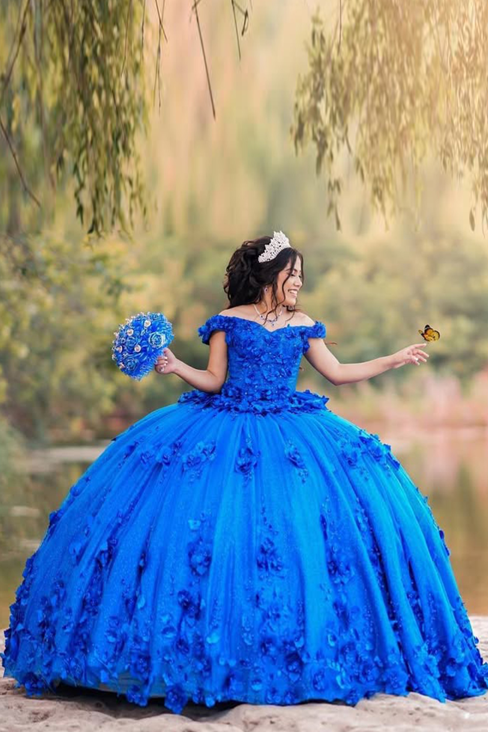 Sparkly Royal Blue Ball Gown Off the Shoulder 3D Flowers Tulle Quinceanera Dress