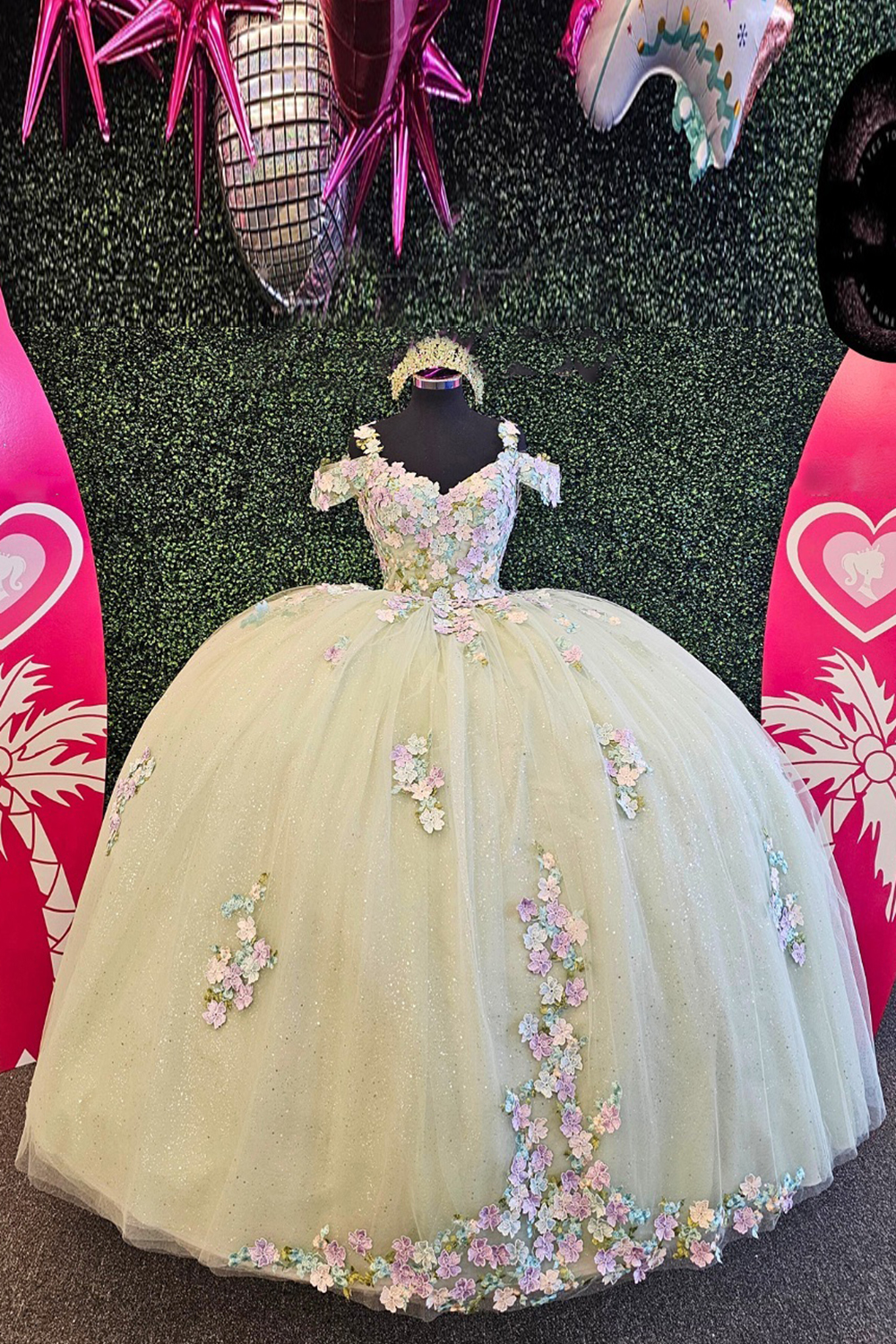 Sparkly Daffodil Cold Shoulder Princess Sequin Applique Quinceanera Dress