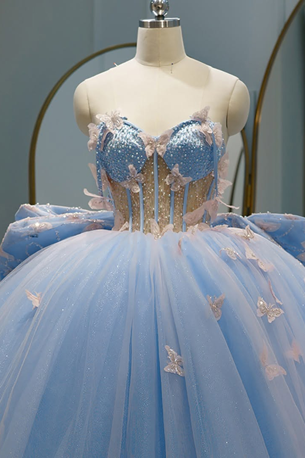 Sky Blue Off the Shoulder Princess Beaded Applique Quinceanera Dress with Butterfly