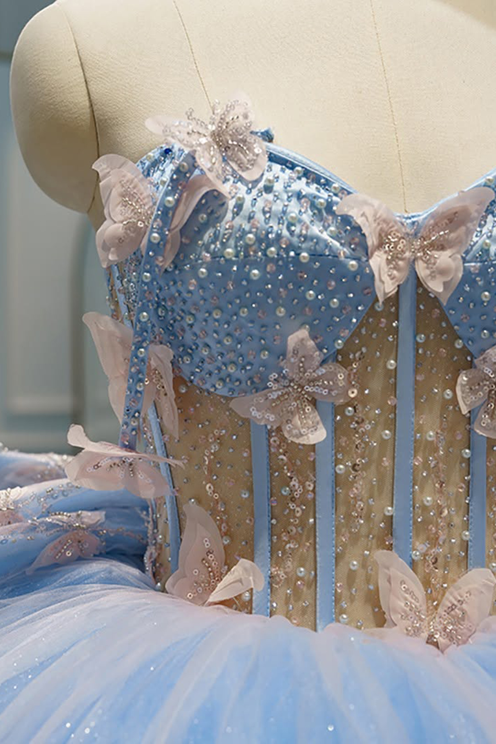 Princess Sky Blue Ball Gown Strapless Butterflies Tulle Quinceanera Dress with Bow