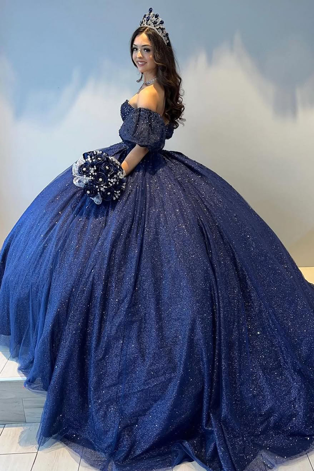 Princess Navy Ball Gown Off the Shoulder Rhinestones Tulle Quinceanera Dress