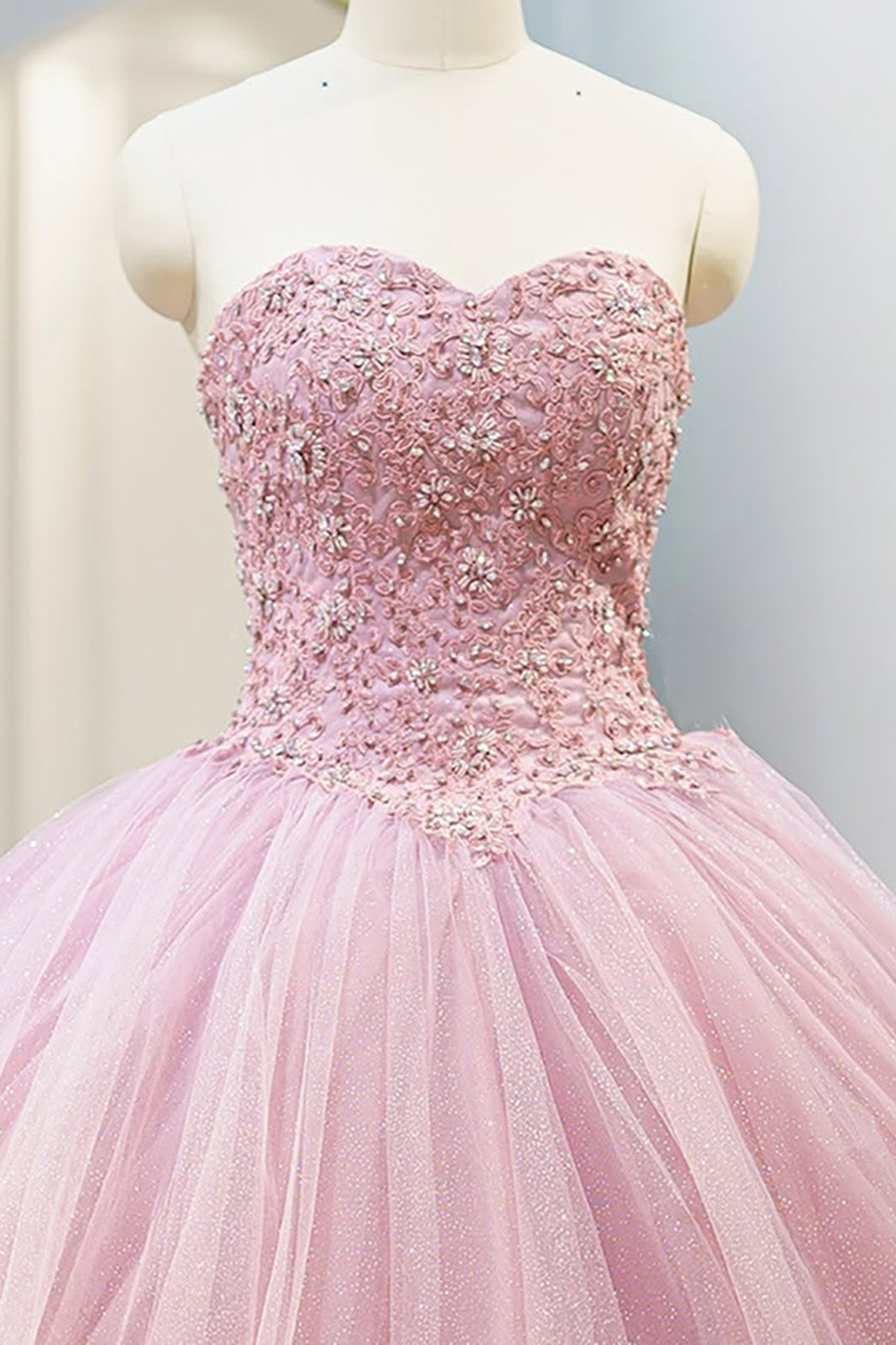 Sparkly Candy Pink Ball Gown Strapless Tulle Quinceanera Dress