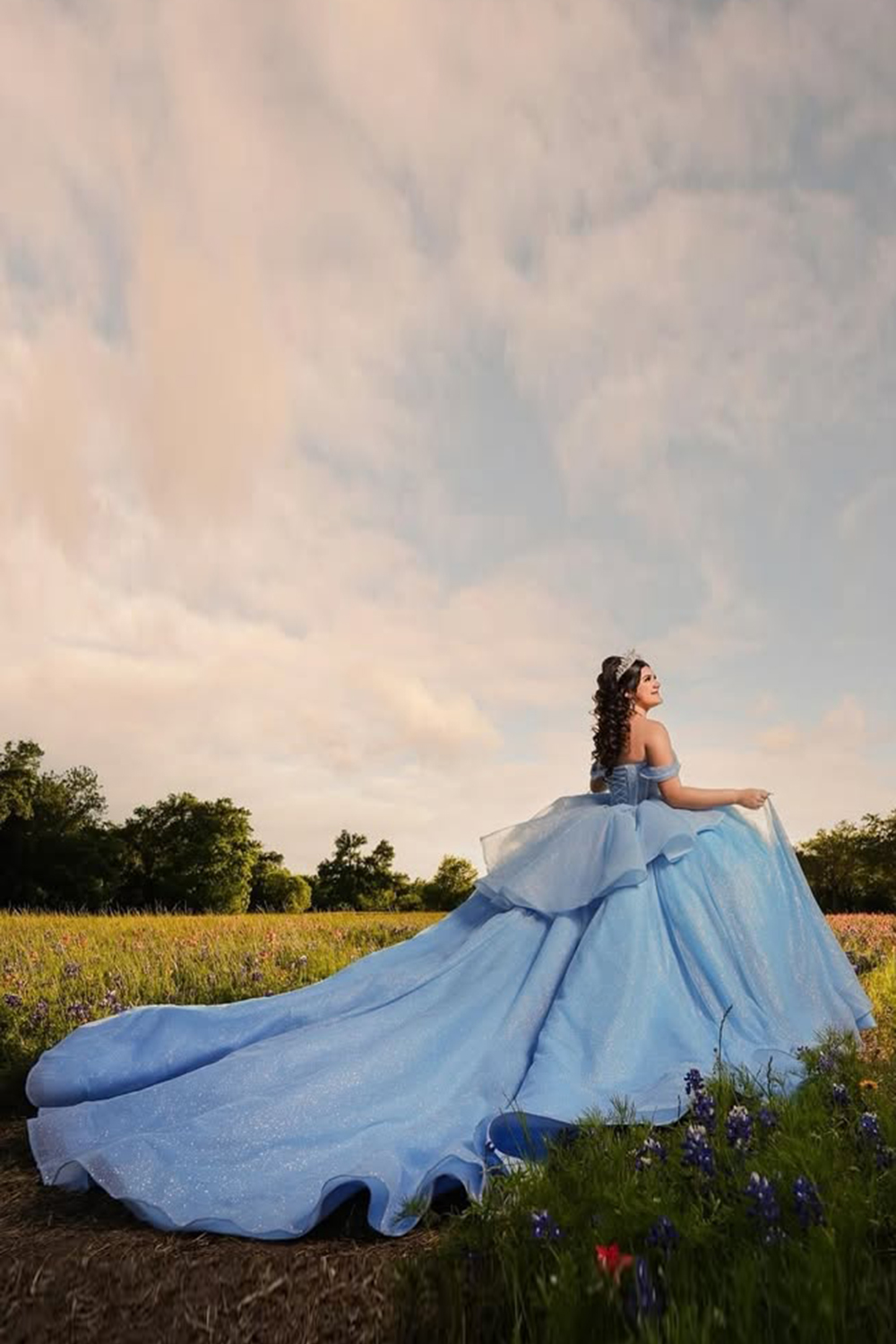 Sparkly Sky Blue Off the Shoulder Ball Gown Tulle Quinceanera Dress with Train