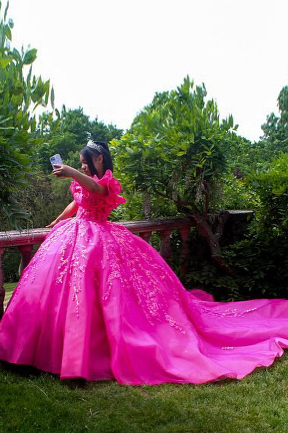 Fuchsia Off the Shoulder Ball Gown Applique Corset Quinceanera Dress 