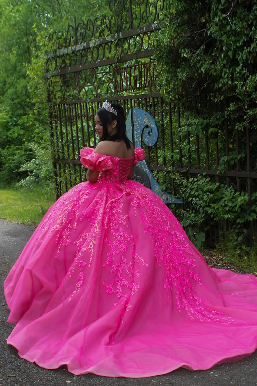 Fuchsia Off the Shoulder Ball Gown Applique Corset Quinceanera Dress 