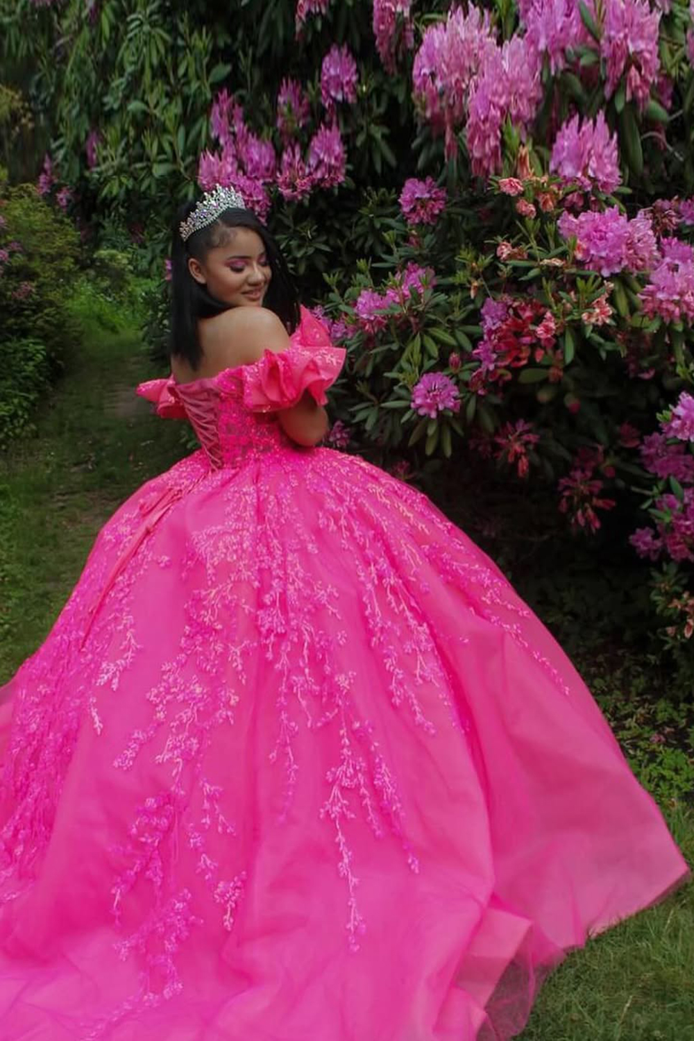 Fuchsia Off the Shoulder Ball Gown Applique Corset Quinceanera Dress 