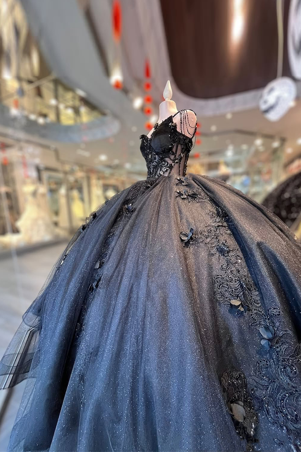 Sparkly Black Spaghetti Straps Princess Sequin Applique Quinceanera Dress