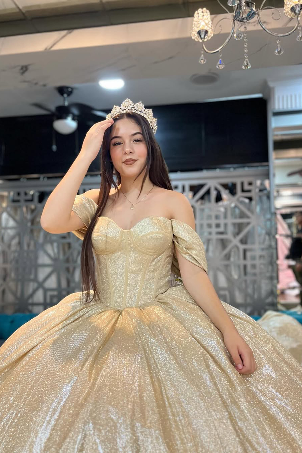 Sparkly Golden Ball Gown Off the Shoulder Quinceanera Dress with Train