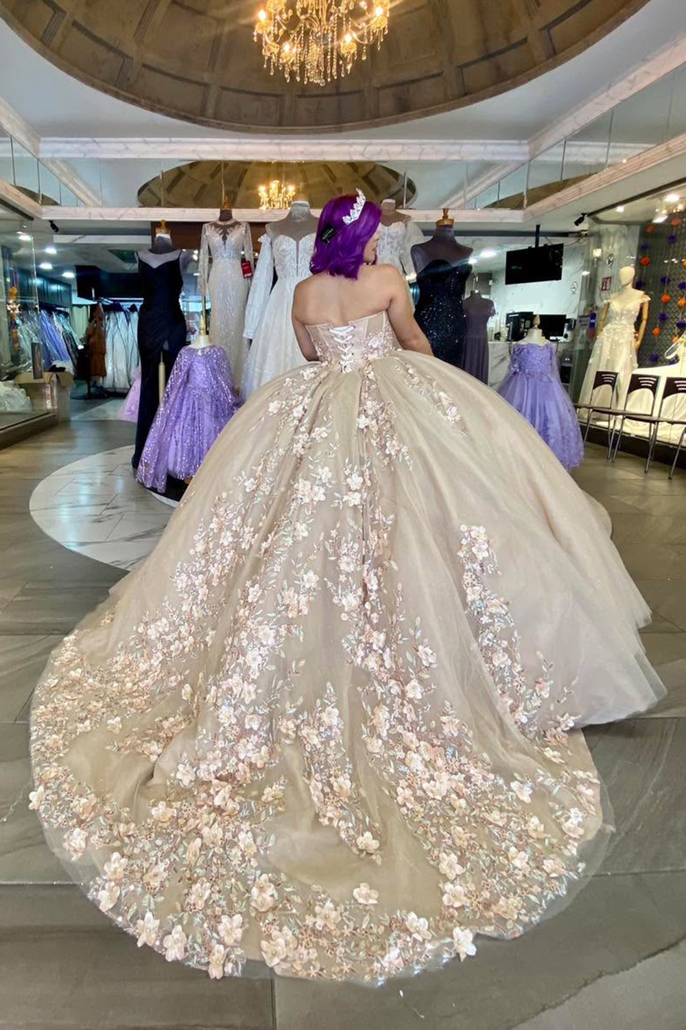 Golden Sweetheart Princess Beaded Applique Quinceanera Dress with Train
