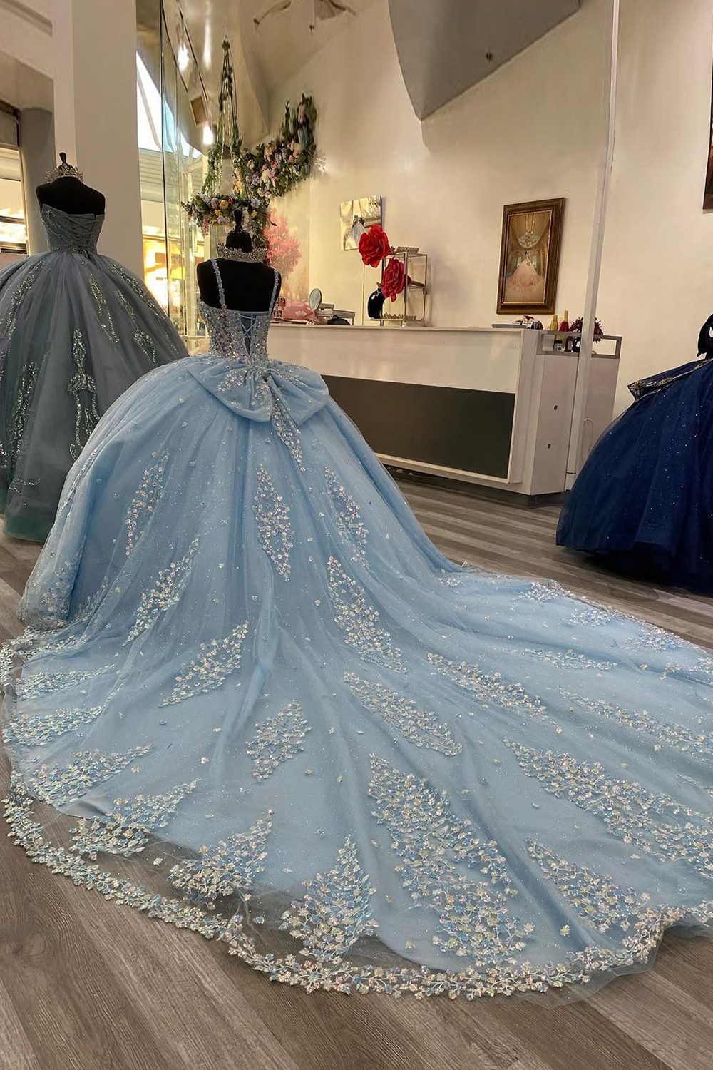 Sparkly Sky Blue Spaghetti Straps Princess Sequin Applique Tulle Quinceanera Dress with Bow