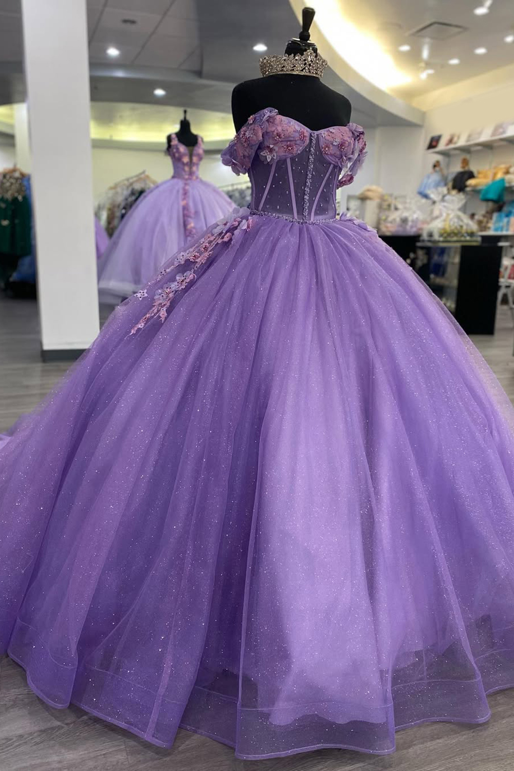 Lavender Off the Shoulder Ball Gown Applique Tulle Quinceanera Dress with Train