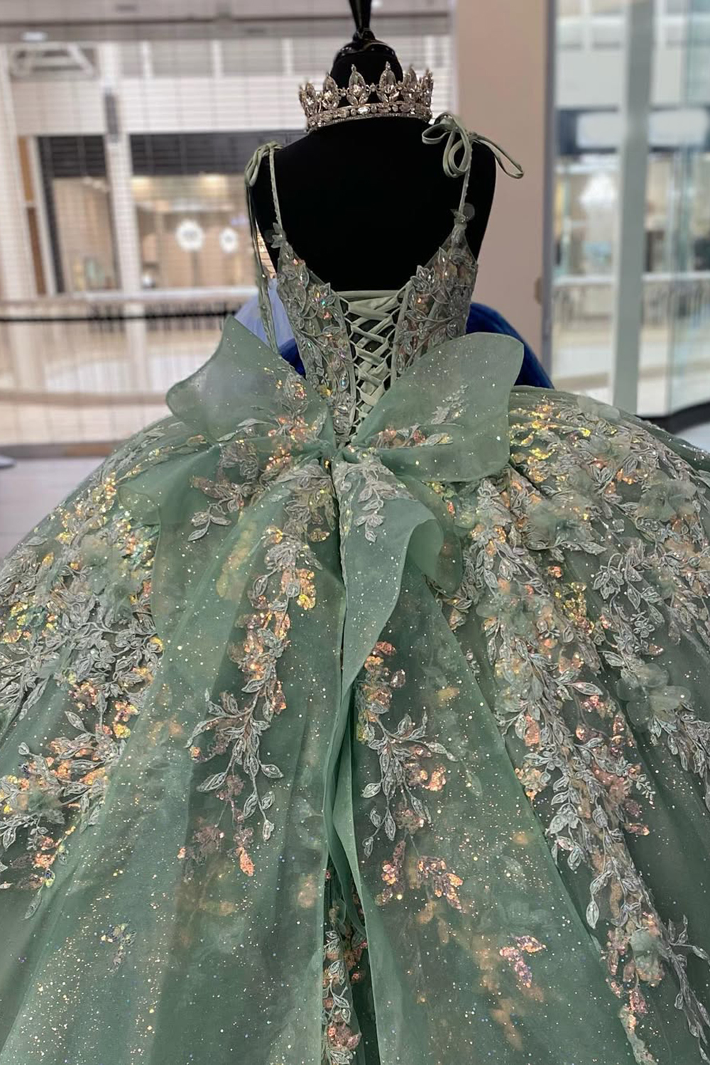 Sparkly Dusty Sage Spaghetti Straps Ball Gown Tulle Quinceanera Dress with Appliques