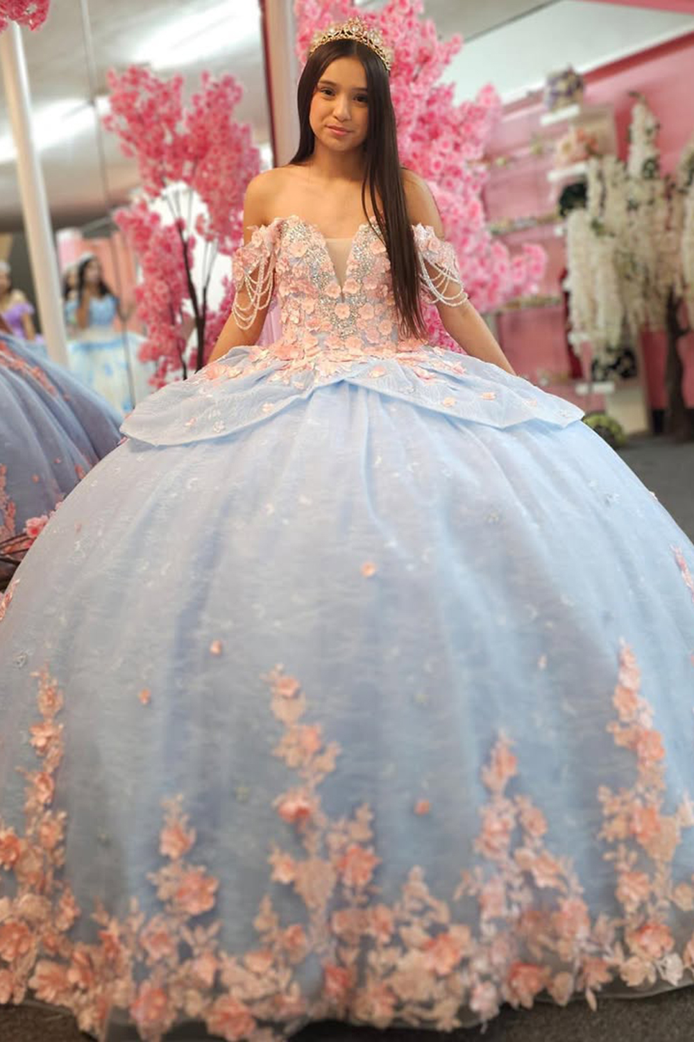 Sky Blue Off the Shoulder Ball Gown Tulle Quinceanera Dress with Pink Appliques