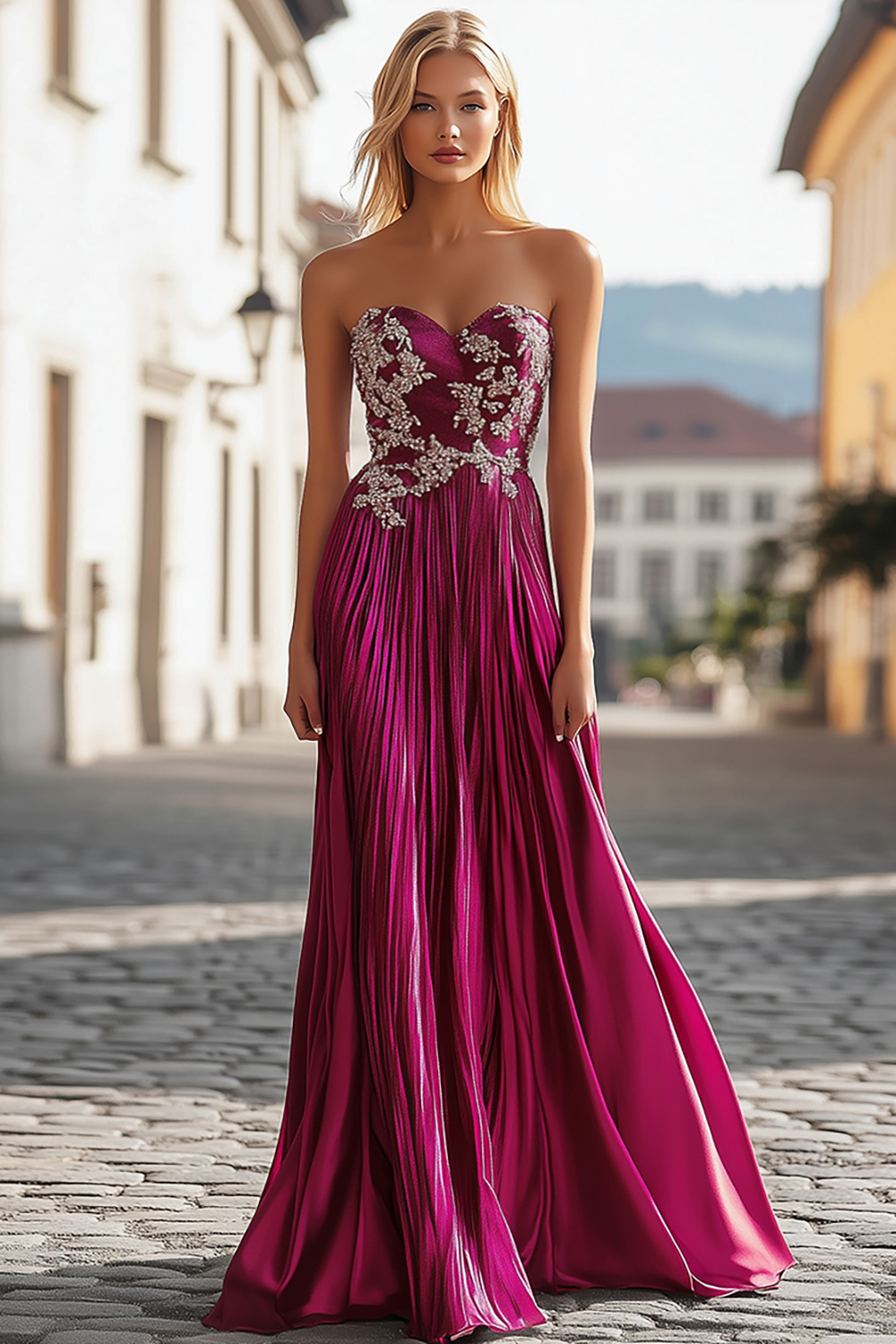 Fuchsia Metallic Satin Sweetheart Pleated Sheath Long Prom Dress