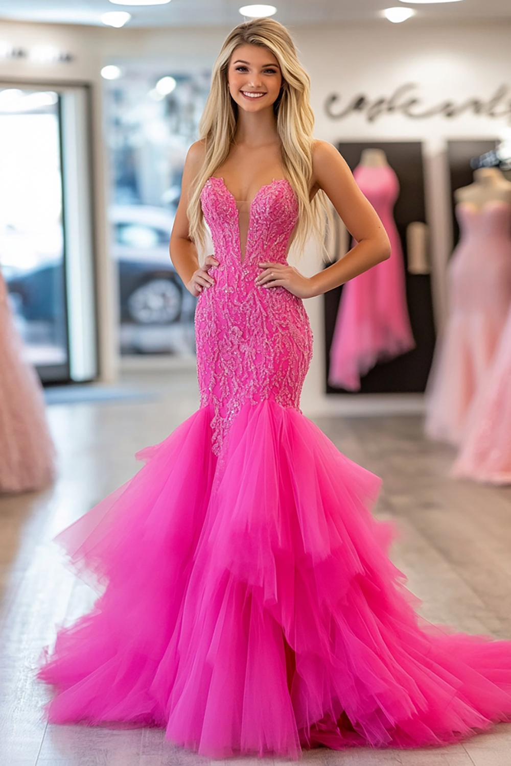 Fuchsia Sweetheart Mermaid Tulle Tiered Long Prom Dress with Lace Appliques