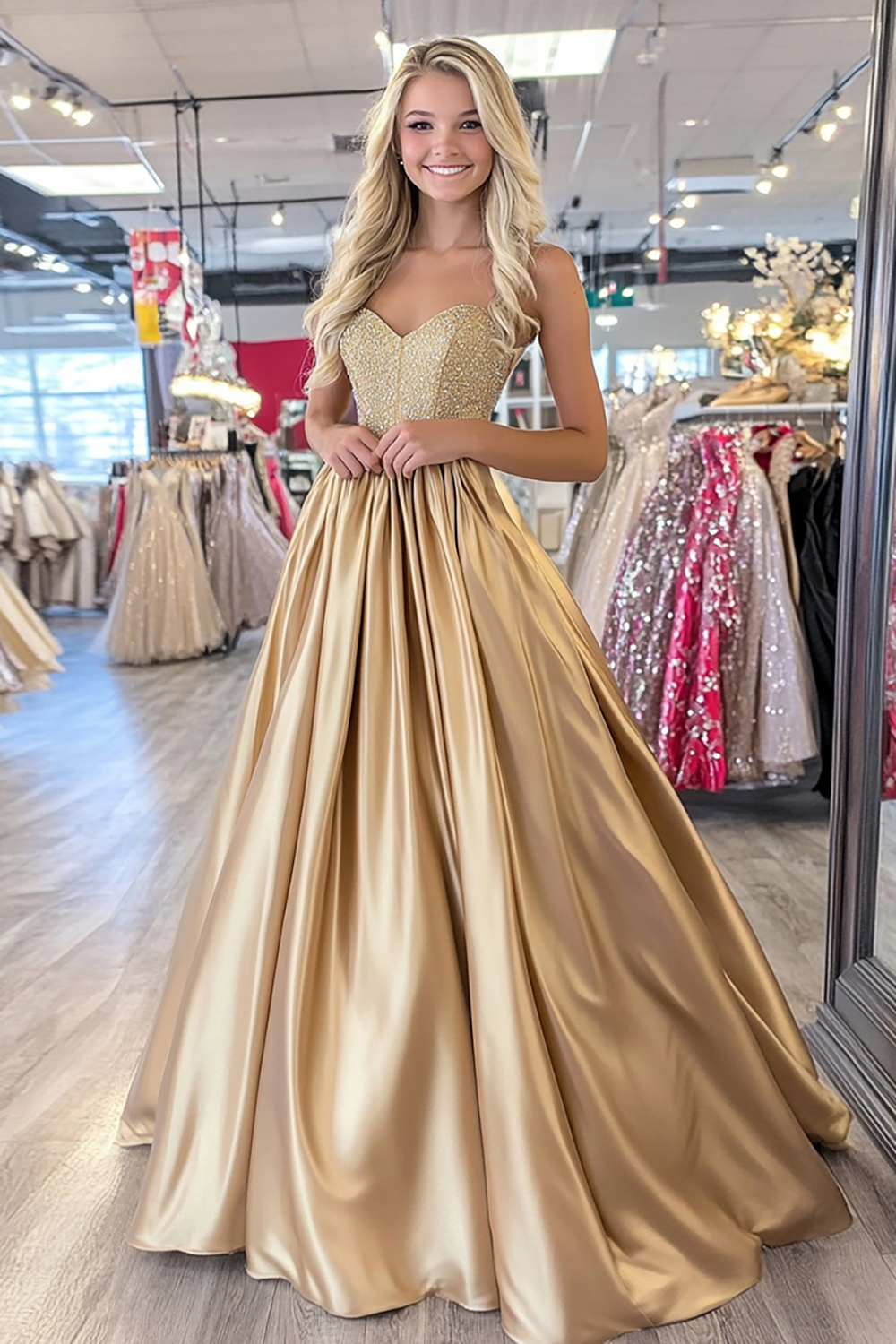 Gold Sweetheart A-Line Pleated Satin Long Prom Dress