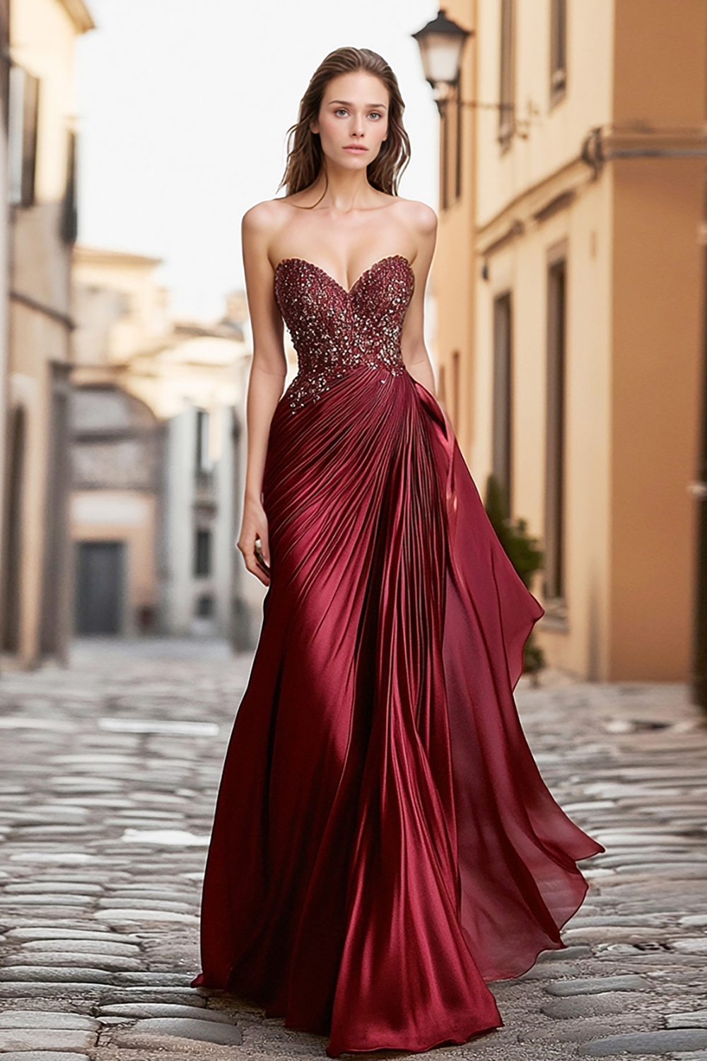 Burgundy Sweetheart Sheath Satin Long Prom Dress with Embroidery
