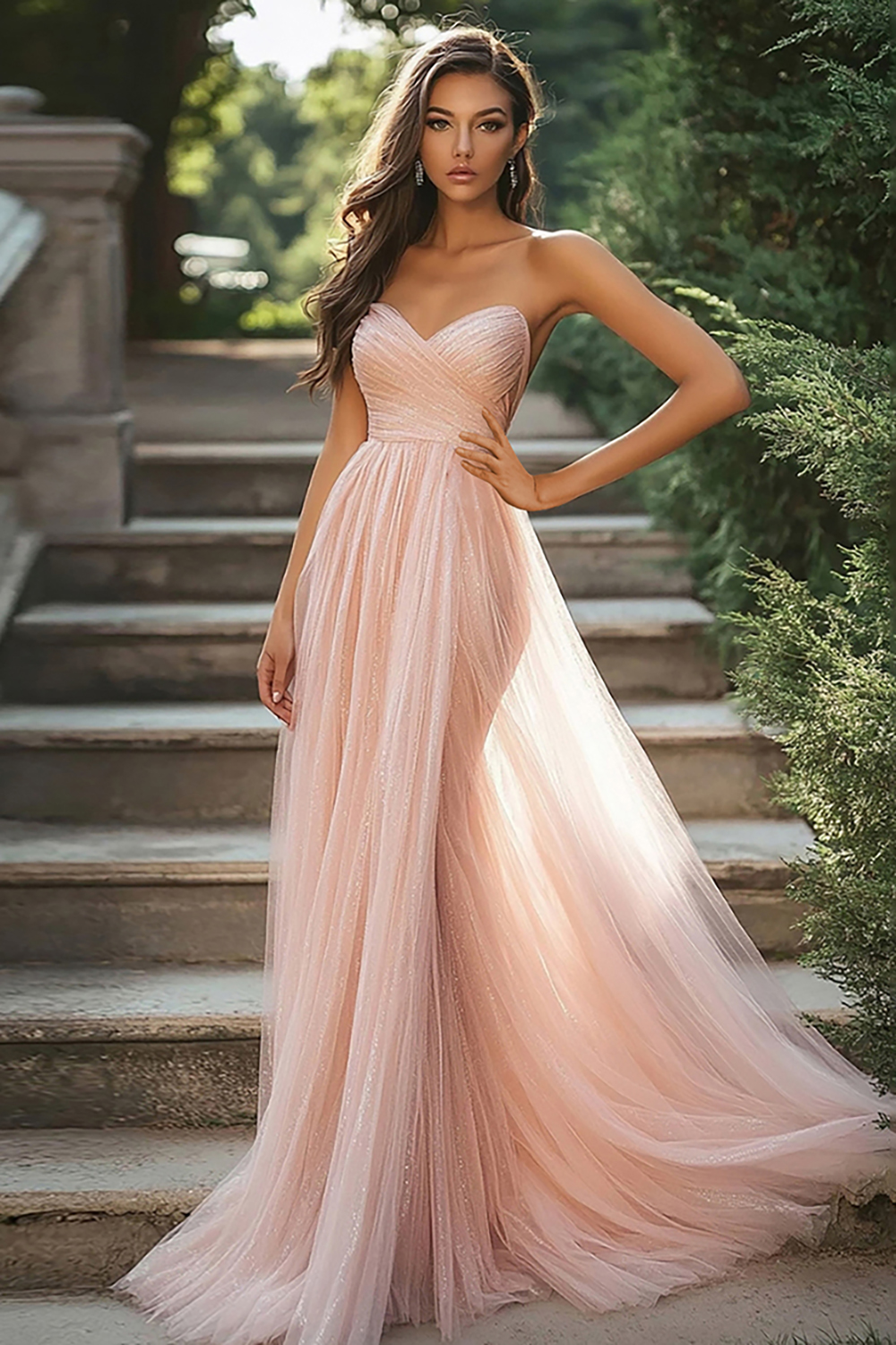 Blush Tulle Sweetheart A-Line Long Prom Dress with Slit